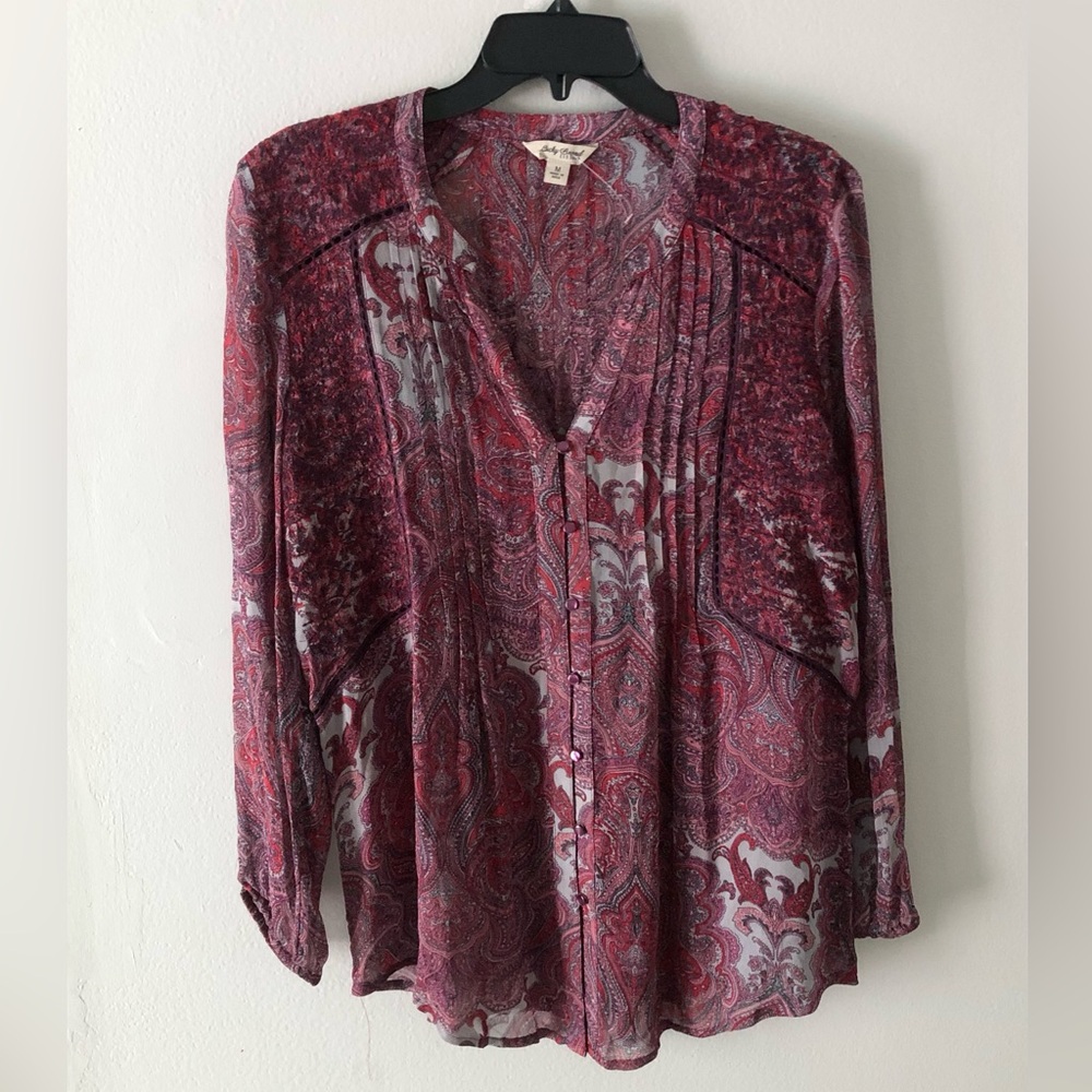 Lucky Brand Red Paisley Button-Front Sheer Viscose Blouse Medium